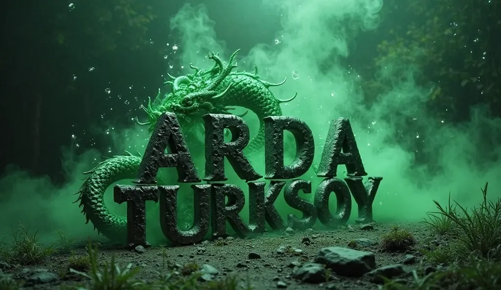 A dark mystical environment with green smoke rising from the ground. The text 'ARDA TURKSOY' appears embedded within the scene, designed with a stone texture to blend naturally with the surroundings. The letters move dynamically, rotating smoothly. From th...