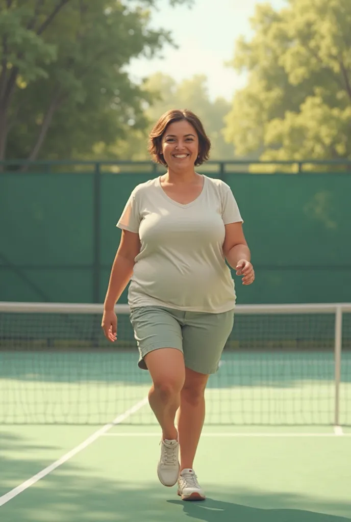 A happy chubby person walking in a tennis court and light clothing