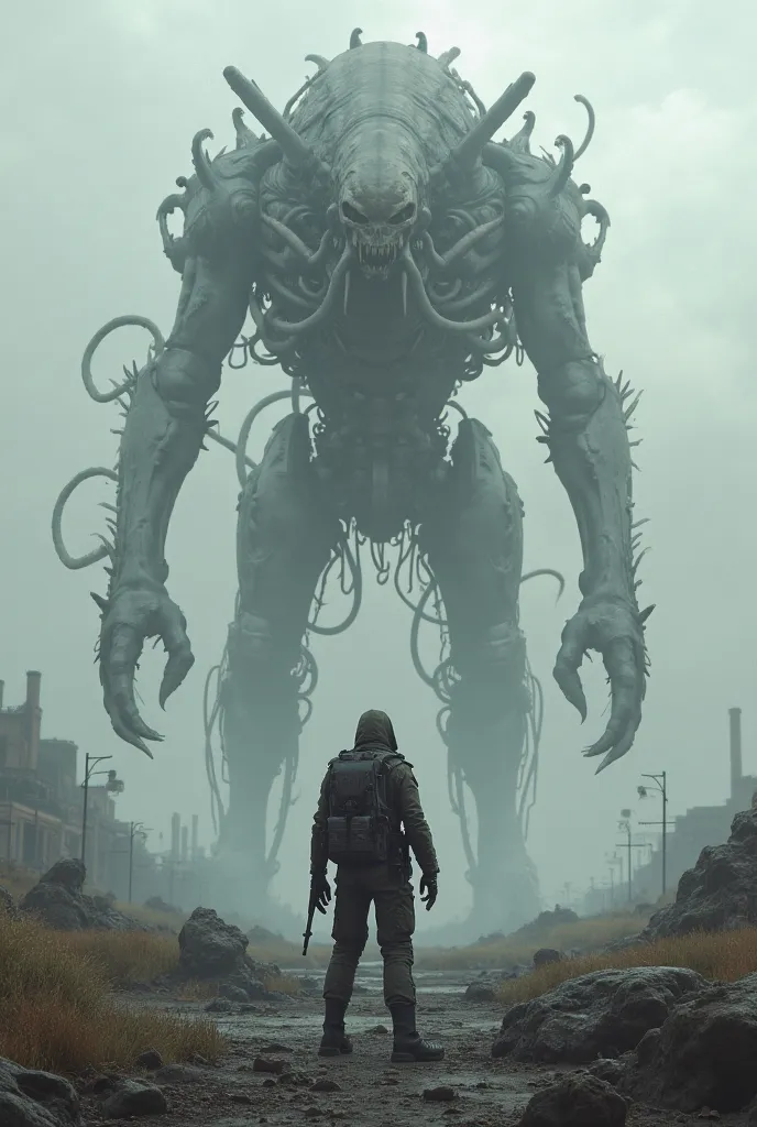 A disastrous and gray landscape where there is a monster half machine half tentacles with a horrible face looking from a distance, In the foreground a soldier with his back watching him 