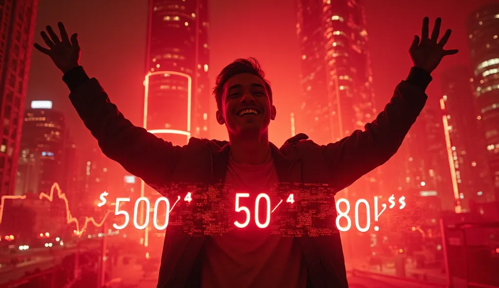 A high-tech, futuristic scene illuminated by intense red monochromatic light. In the center, a young man stands triumphantly, his arms raised in celebration, with a wide, joyful smile on his face. In front of him, a glowing red holographic display shows a ...