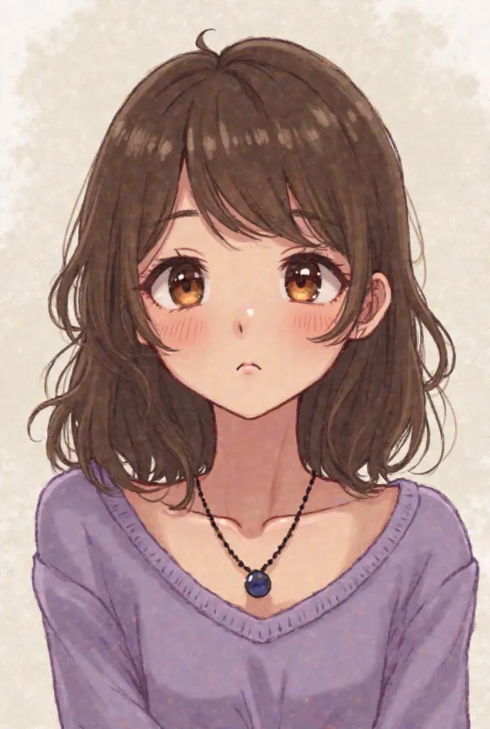 Brown-haired girl with brown eyes a black necklace a purple sweater aura in a tender drawing