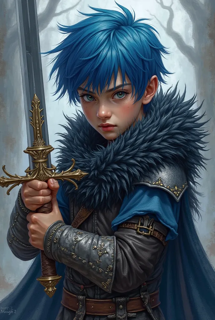 There is a boy with blue hair and a sword in his hand, and he has a black and blue bristly cloak.