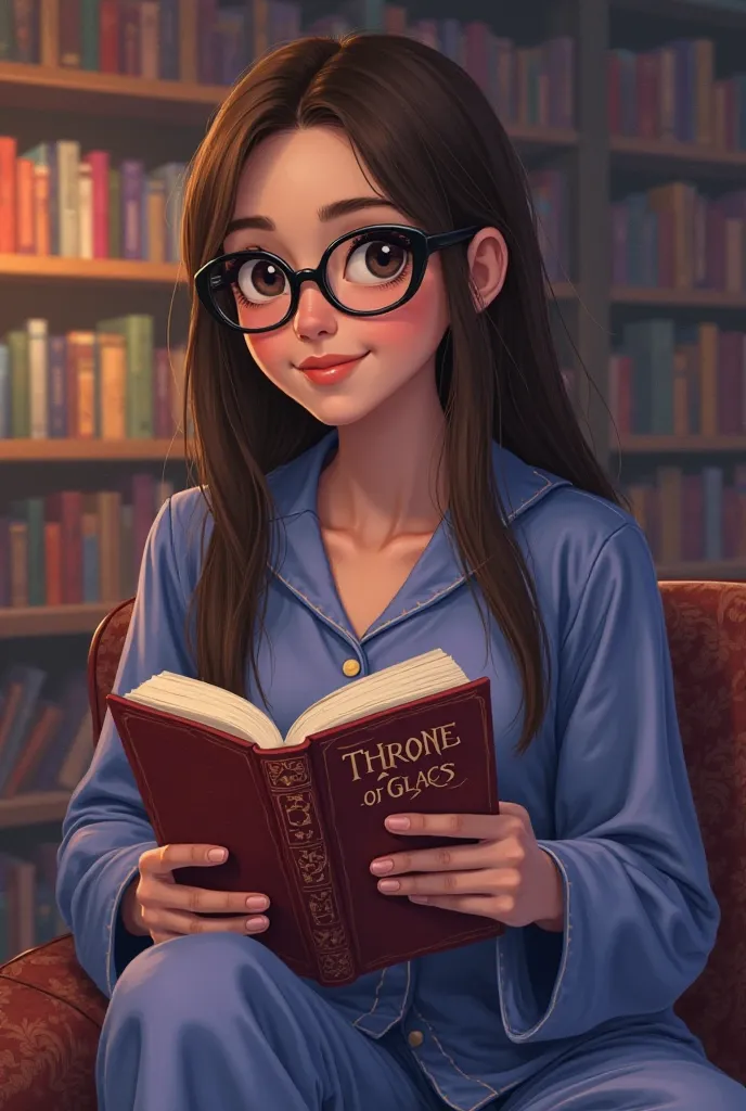 Draw me a girl in disney artstyle. She has pale skin but not white, more yellowish light to it. She has black eyeglasses on, and has black eyes and theyre small and asian like. She is holding a book named- Throne Of Glass. She is wearing a blue/purple pjs ...