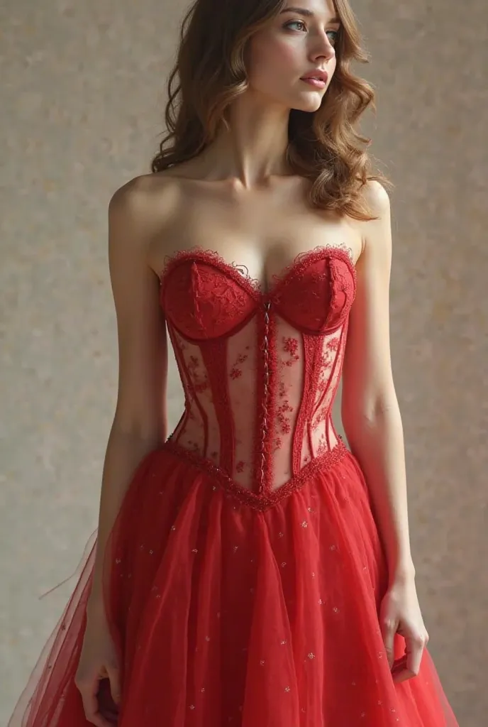 Red dress with a translucent corset 