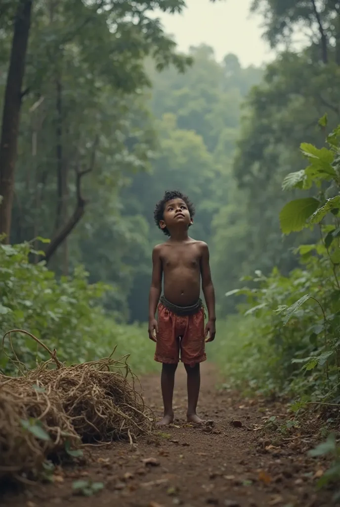 "A young Sri Lankan , about 5 to , is standing in the middle of a vast forest clearing. The  is looking up with a sense of awe and sadness as they watch their father, a tall, strong man, lying on the ground in a state of unconsciousness. The father has fal...