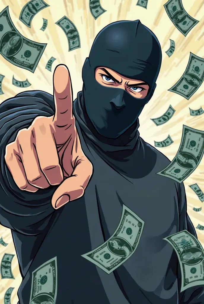 Man with balaclavas sticking his finger out and money falling anime style
