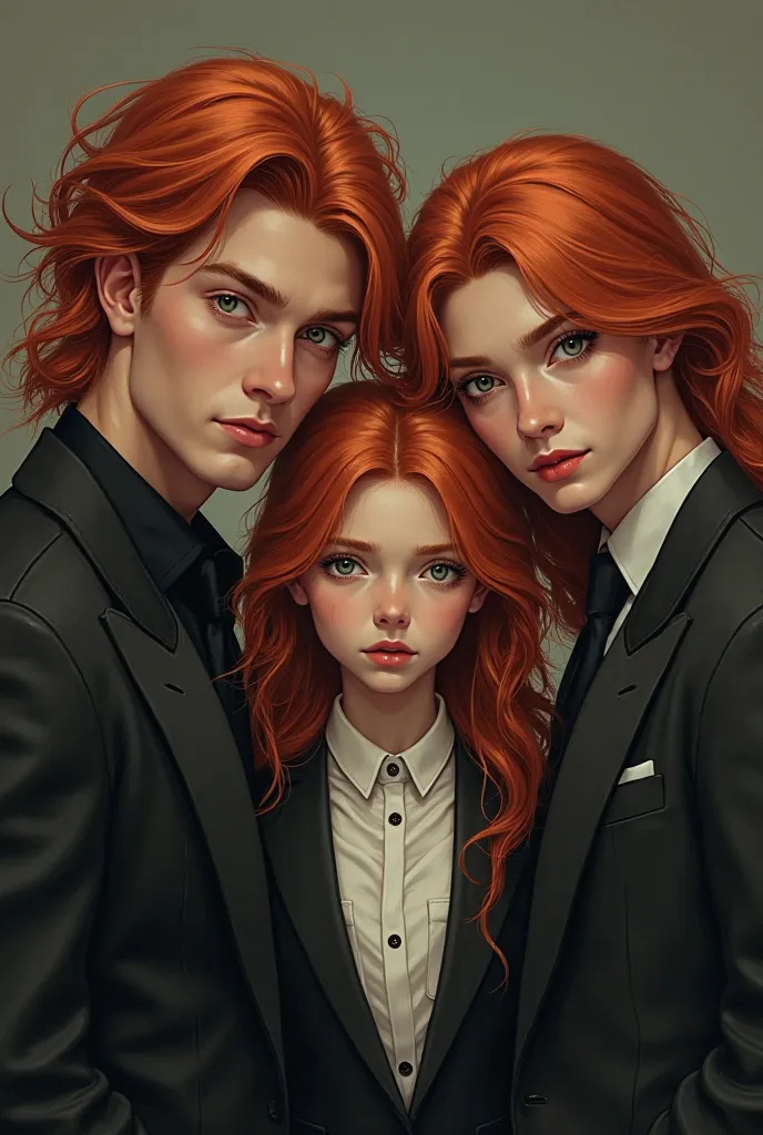 two young and charming redhead big brothers looking classy and like gangsters with very long hair and their little sister, a ager also redhead with very long hair, looking fragile and cute