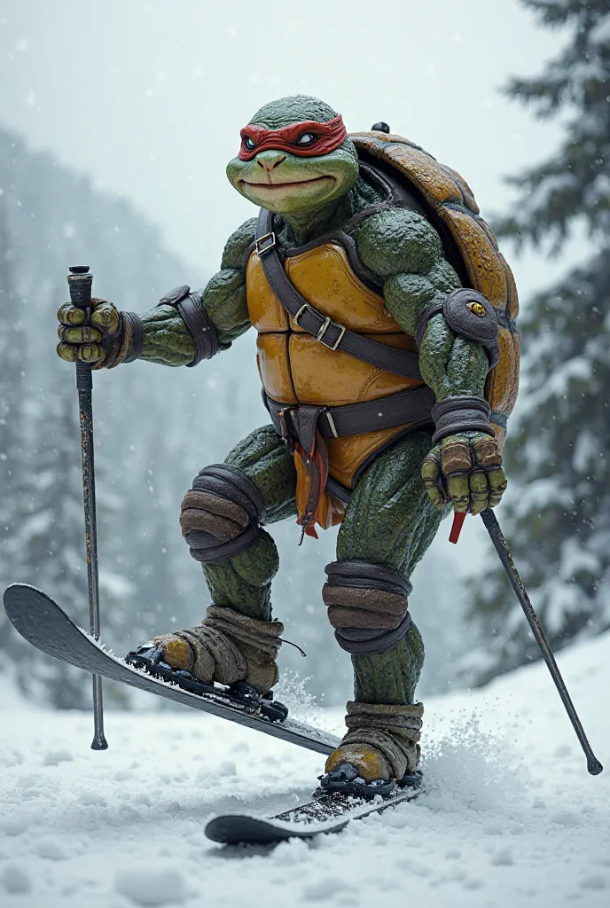 Two skis on one leg of a age Mutant Ninja Turtle