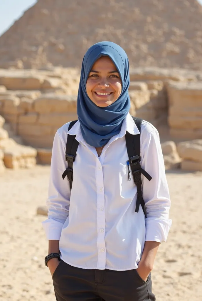 A tourist guide employee in the Pyramids area is beautiful, He shows a face with a beautiful smile wearing a white shirt, is written in blue. on the shirt with a black shoulder strap attached. . The employee also wears a blue hijab and black pants, And bla...