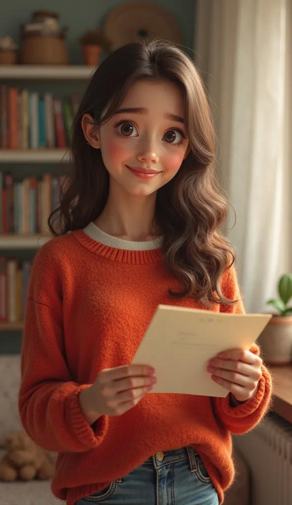 Sofia wearing a tomato sweater with a small smile is looking at a letter and in the back she finds her apartment blurry.
