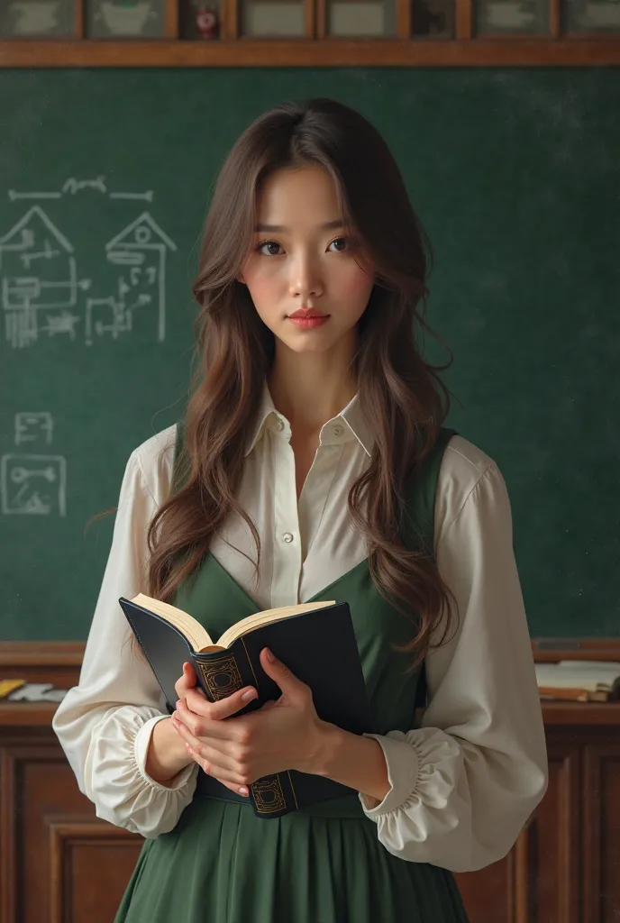 Beautiful teacher girl with a book in her hands at the blackboardLong hair,  Masterpiece , High resolution, 