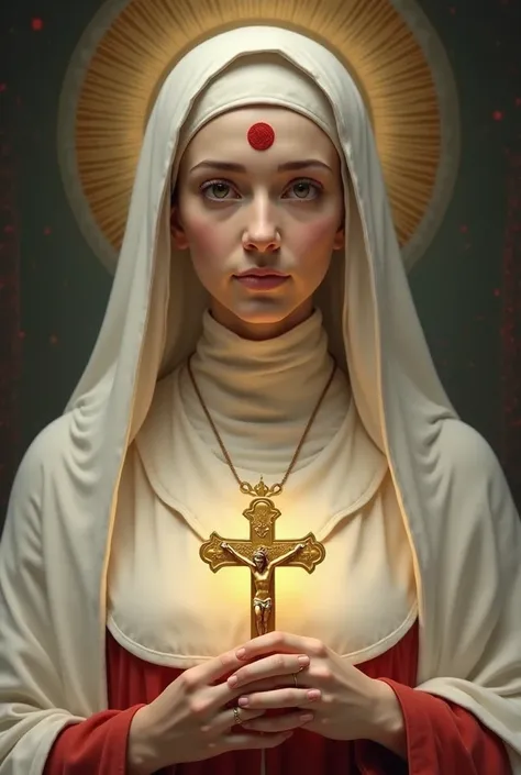 Depict Santa Rita of Cascia with a unique red mark centered on her forehead, a symbol of her divine calling. Her gentle yet determined gaze reflects both the trials of her past and her unwavering faith. Clad in a traditional habit with soft white and subtl...