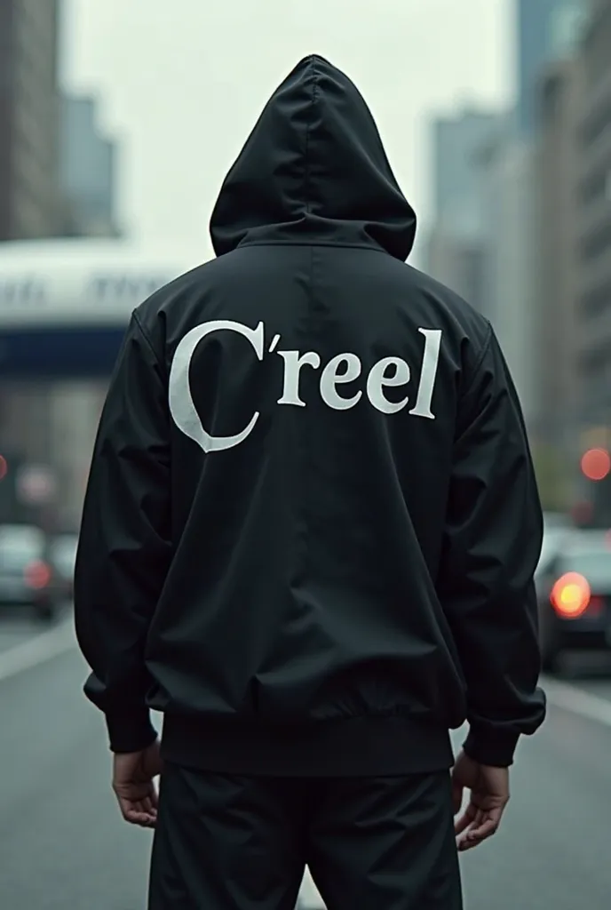 Hooded man on the street from the back with a black hooded tracksuit with C'reel written in large In the back with a plane underneath 