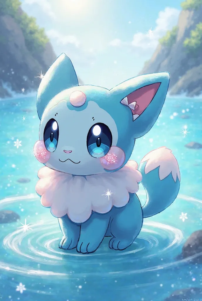 A fairy-water type pokemon,has white eyes,chocolate style,ocean eyes,cute tail and ears,candy bow on tail,fluff around neck