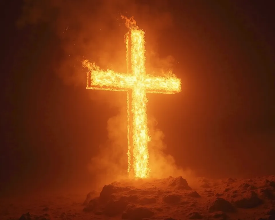 Christian Elblem , A Cross of consuming fire shining everywhere , light beam backround POV, Multiple Views, 