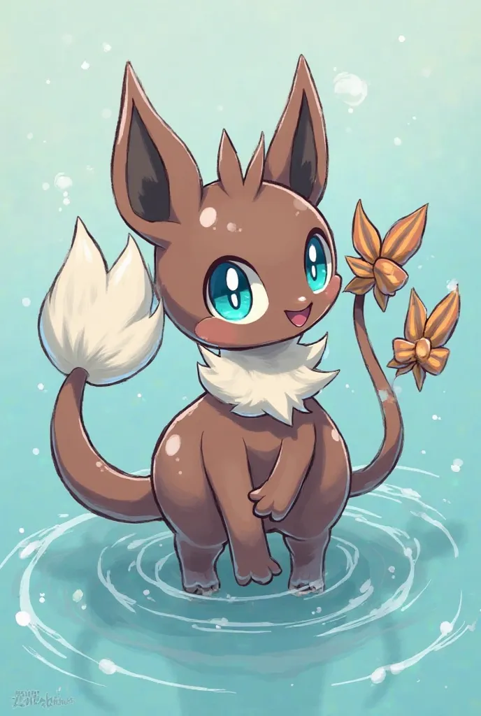 A fairy-water type pokemon,has white eyes,chocolate style,ocean eyes,cute tail and ears,candy bow on tail,fluff around neck,5 feet tall,candy earings,puff at the end of the tail,half blind,scar on one eye