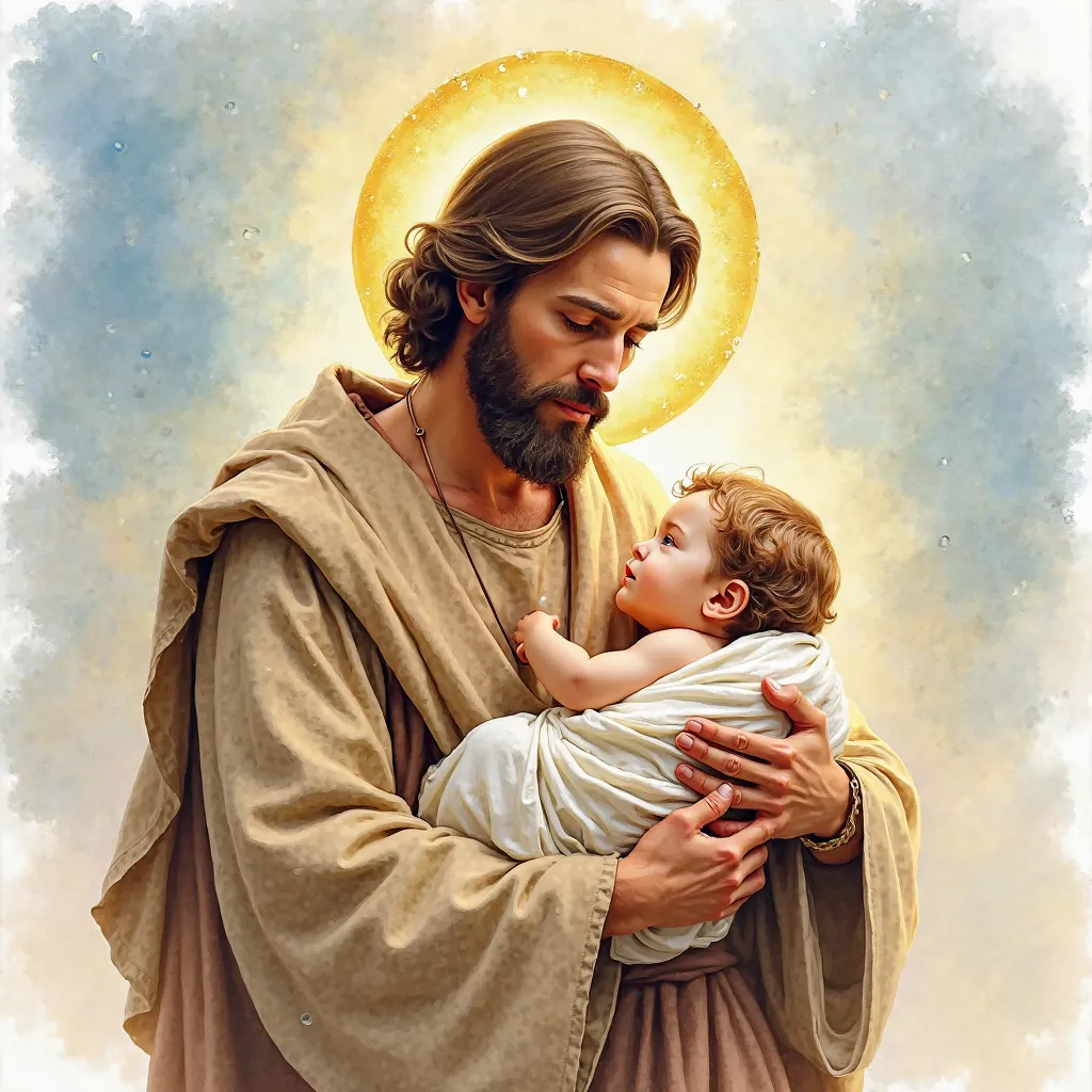 An epic watercolor painting of Saint Joseph holding the Baby Jesus in his arms. Saint Joseph, with a serene and protective expression, has a golden halo shining around his head, symbolizing his holiness. He wears a simple robe in earthy tones, reflecting h...