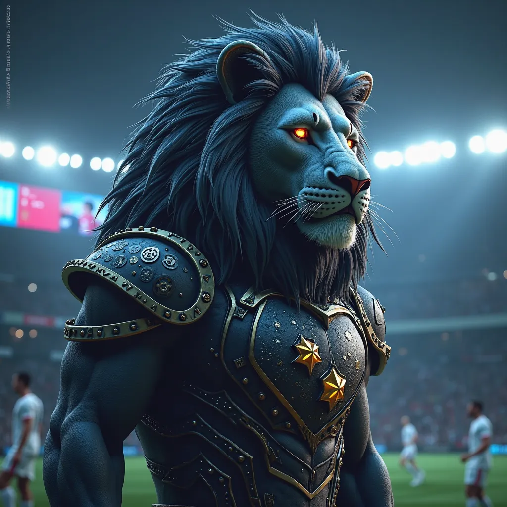 "Design a mystical and futuristic lion, the true captain of football and betting. His black mane with silver reflections resembles a field Of soccer illuminated at night, and his eyes shine with numbers and odds, analyzing each match with precision. on his...