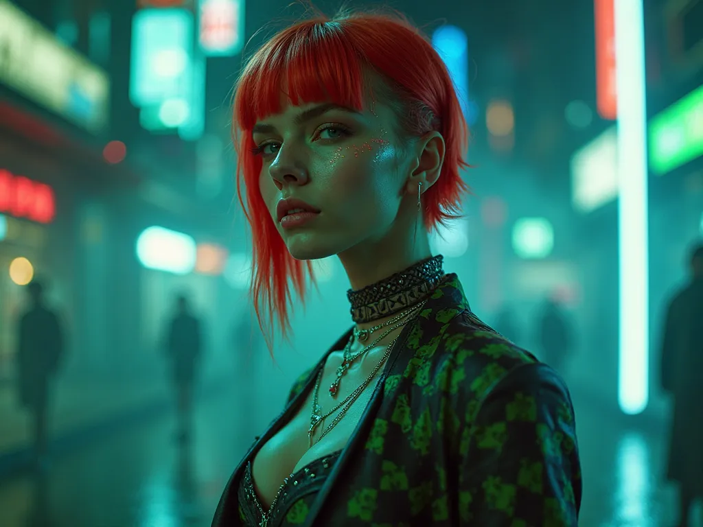 A hyperdetailed cinematic portrait of a bright young red-haired woman with an asymmetrical platinum haircut, dressed in an ultra-short black and emerald green checkered miniskirt, deep V-neck leather top and patterned knitted stockings. Intense green and b...