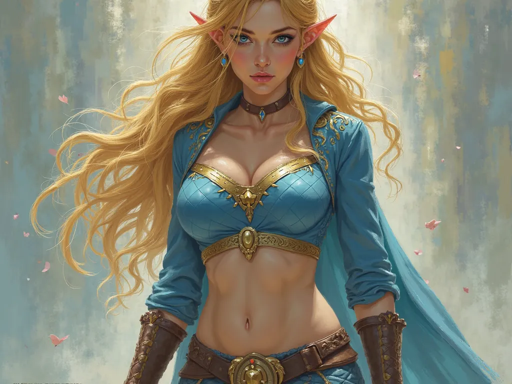 digitalart, fanart, videogamefanart, "zelda",
Princess Zelda wears two distinct outfits:
Royal Outfit: wears a blue adventurer's outfit, consisting of a quilted blouse with gold details,
tight pants with shapely buttocks her pussy is well molded and thick ...