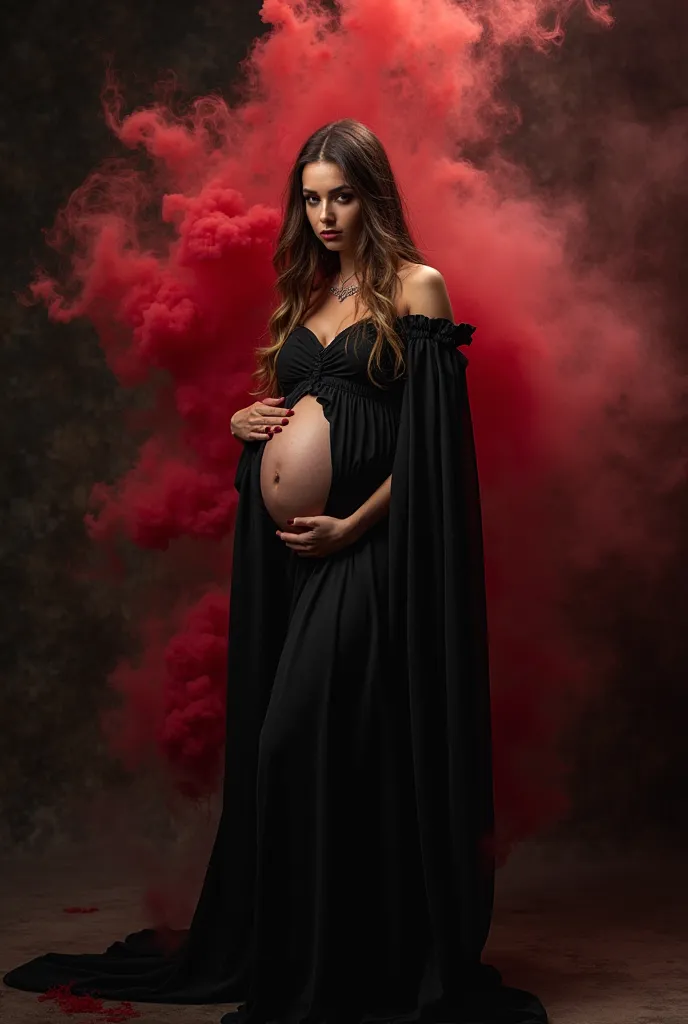 pregnant lady in black gown in black background indoor photography and smoke effect , red smoke bomb in dress and background also . 