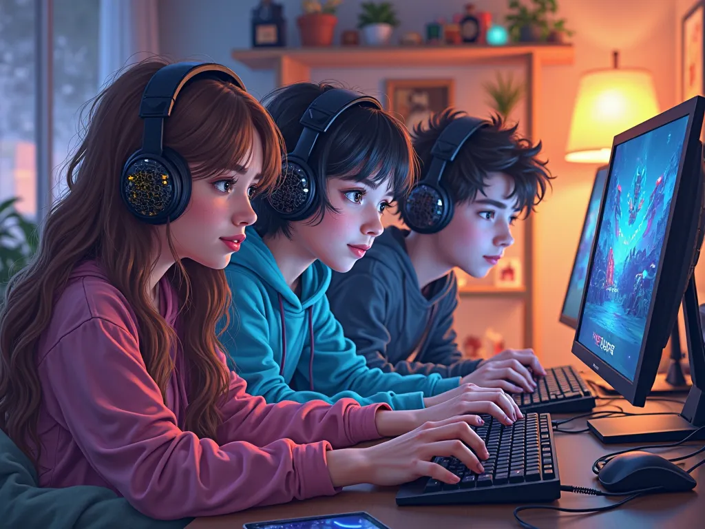 Two girls and a boy playing online games in separate rooms 