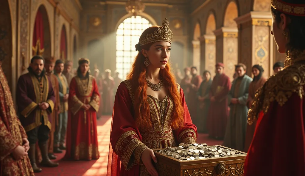 A hyperrealistic cinematic scene set in the vibrant Ottoman Empire of the 1500s, portraying Roxelana in all her power and prestige as she receives her allocation of 2,000 Akçe, making her the second wealthiest noble figure in the empire. She stands confide...