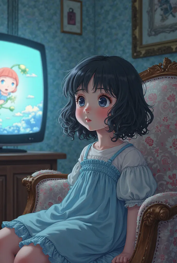  A white-skinned girl , dark hair, curly and short,  in a blue dress, Sitting on a piece of furniture watching television,  anime version