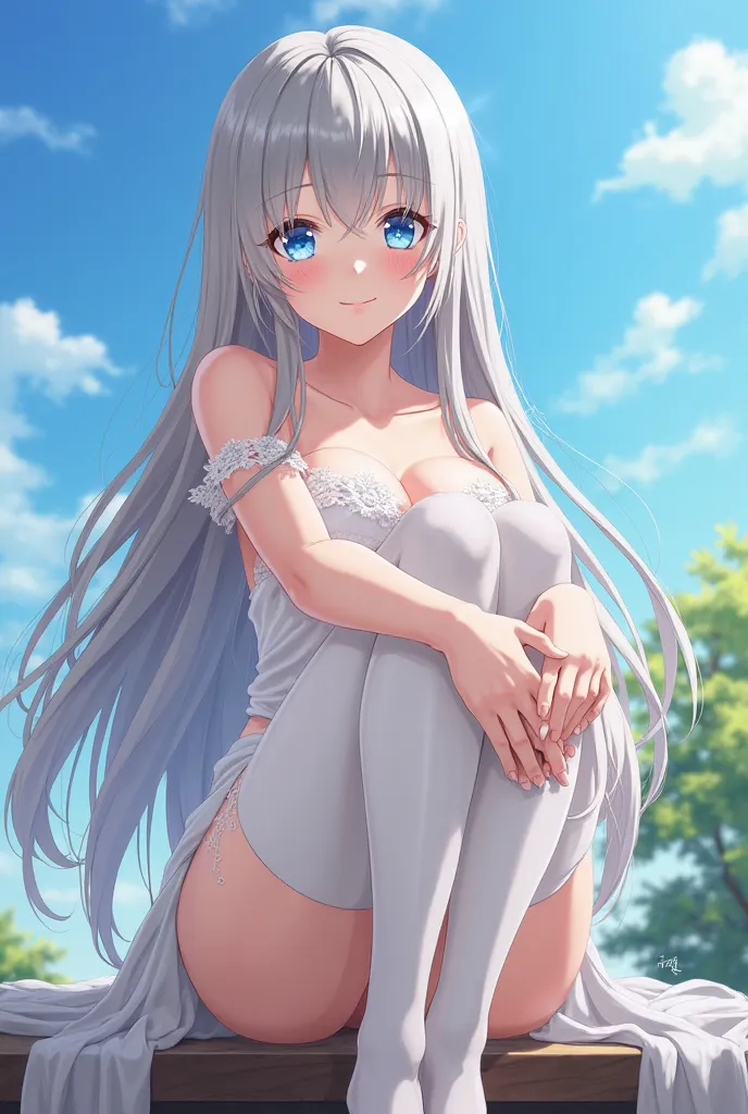 Anime style, ultra-detailed, high contrast, HDR, 8K resolution, very aesthetic. A beautiful girl with long grey hair, flowing and perfectly framing her face, with blue eyes that shine brightly. She is sitting outside under a clear blue sky, surrounded by n...