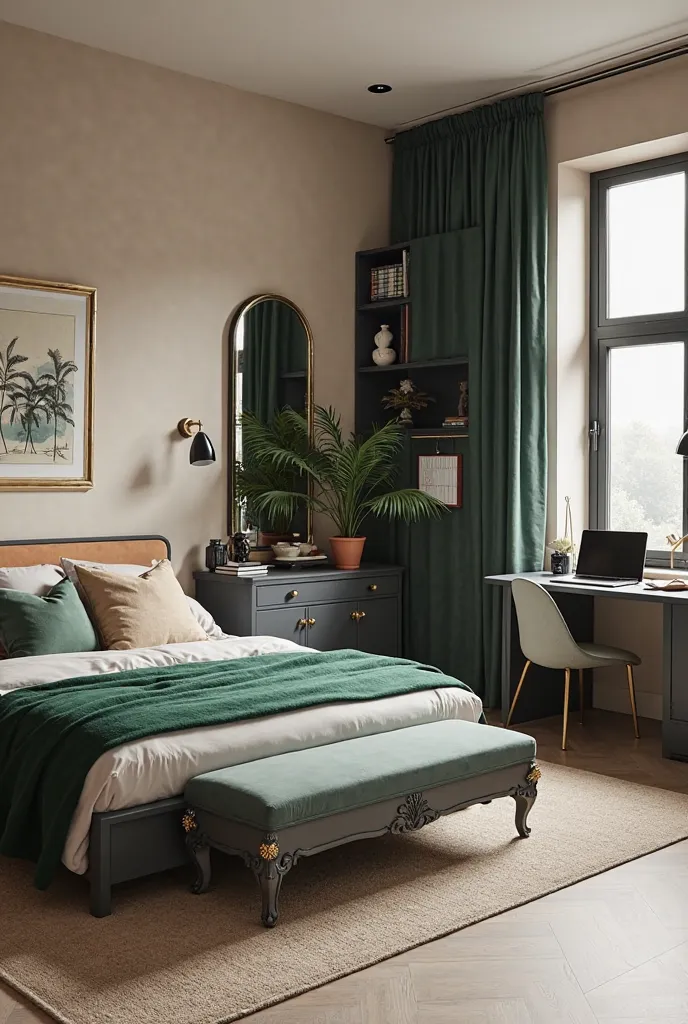 Light beige walls, pastel brown laminate floor, Art Nouveau wardrobe in a pastel dark gray, dark bedside tables gray with dark emerald inserts around the drawers, double bed, dark gray, there are 4 pillows on the bed, 2 of which are dark emerald, 2 light g...