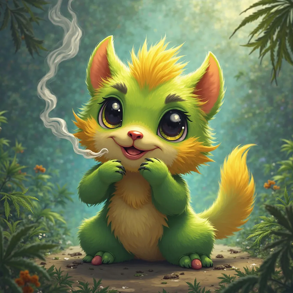 A furry, green and yellow painted character smoking weed