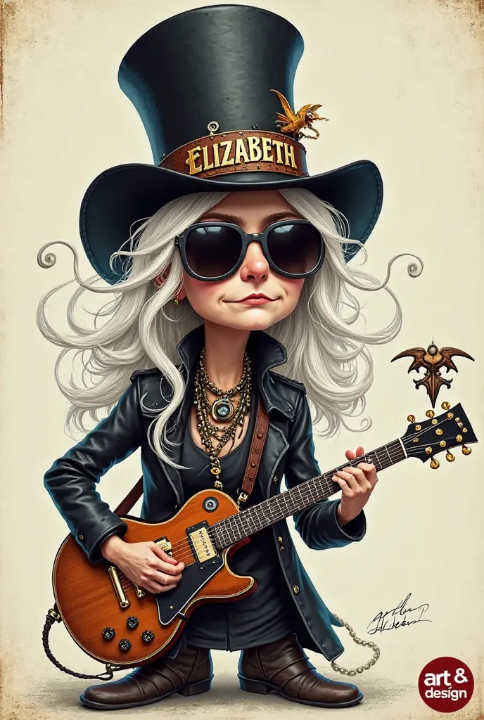 The image shows a stylized, steampunk-style character of an older woman with long white hair and tendrils.. He wears a large black top hat adorned with a decorative band you can read the name "Elizabeth" in large, stylized letters and a small figure of a d...