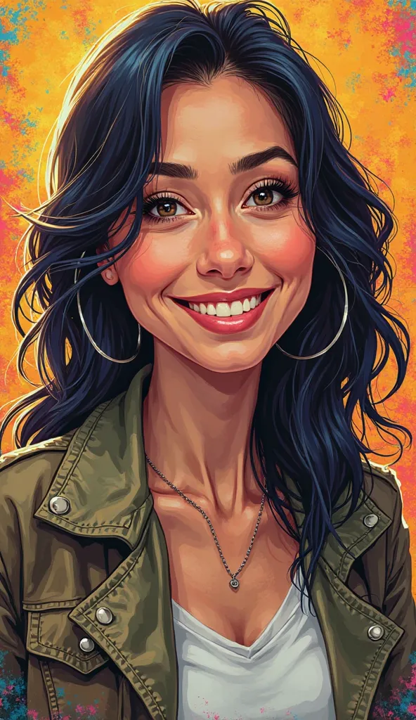 DISCREET image. with discreet casual clothes. image adult woman, american, comic book style. with a smile. IMAGES WITH VIBRANT COLORS.focus on face. vibrant colors background