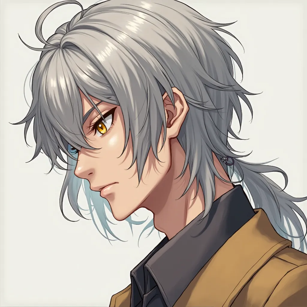  Adult man, anime, video game, loose long gray hair, long hair,  loose hair, Yellow eyes,  golden eyes, slightly tanned pale skin, butterfly bangs, open bangs, a lock sticking out of his head, tonificado, muscular, in profile