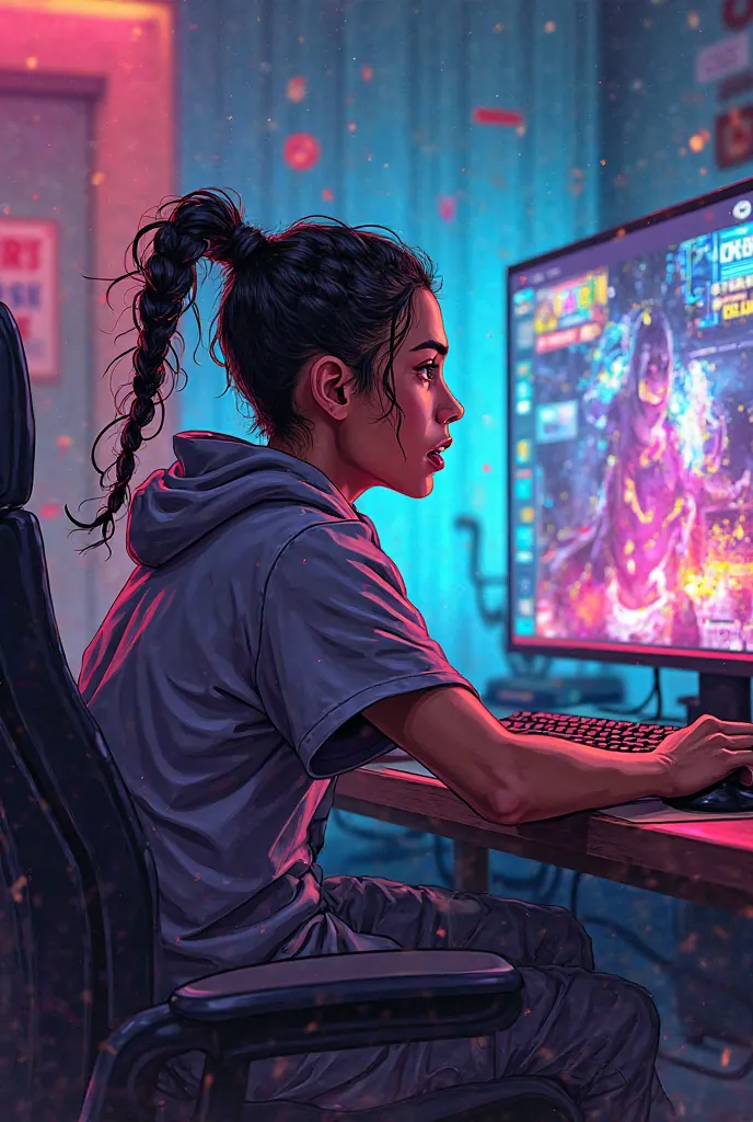 Create an awesome epic online streaming flyer with a Latino person with braids playing video games while looking at the Tv with an epic comic look 