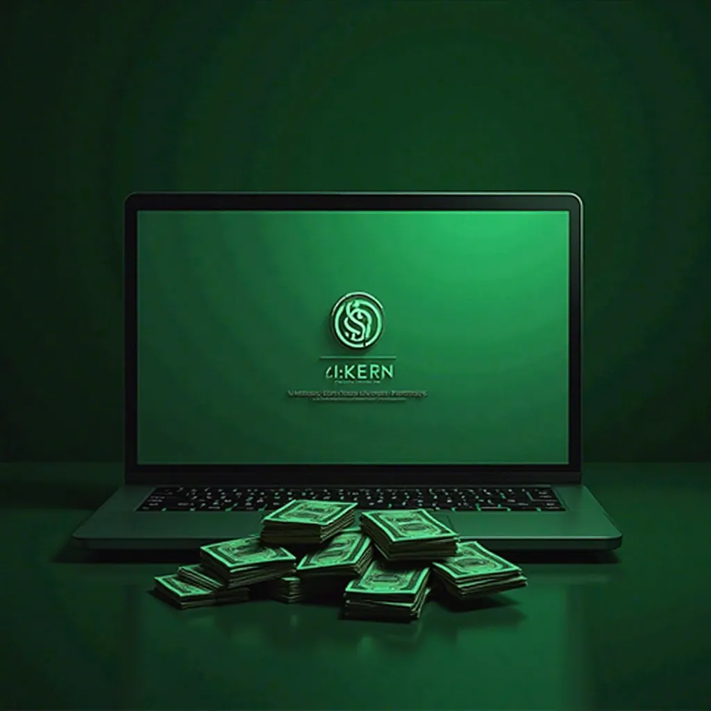 A sleek and modern computer or smartphone screen with a beautifully designed logo or branding on it. From the screen, money bills (in stacks) are flowing out, symbolizing financial return. The overall mood should convey a sense of growth and success. The l...