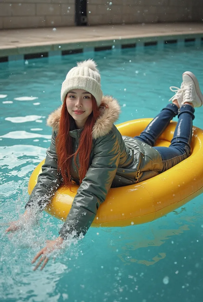 sideview photo of young adult female lying on yellow rubber boat in indoor pool, she is wearing wet white winter cap and wet  long fur coat and shiny wet dark blue  jeans and white sneakers, she has  red hair, splashing water, sprayed with waters , crisp l...