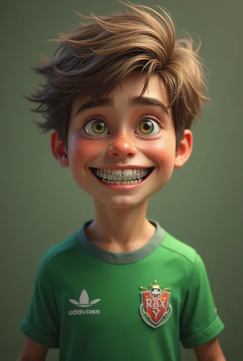 Teaser of a soccer team featuring someone who is skinny, Physically small but adolescent and brown-haired, Who has braces on his teeth, And that the shirt is green. That the shield is a toad and that the person is a little less realistic. That only half of...