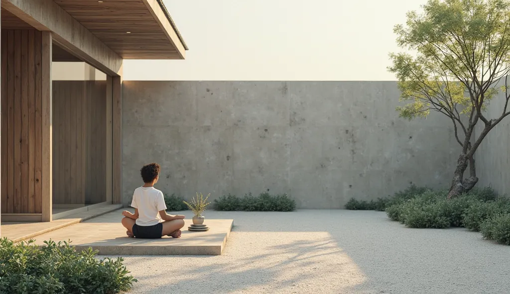 A minimalist Japanese garden where a person sits calmly, enjoying solitude. The peaceful atmosphere highlights the value of saying no to unnecessary commitments to make room for what truly matters. realist