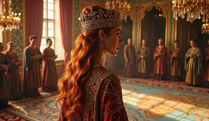 A hyperrealistic cinematic scene set in the vibrant Ottoman Empire of the 1500s, depicting Roxelana as the trailblazer of the Sultanate of Women, a period where the women in the sultans' lives would wield unprecedented power. She stands with regal confiden...