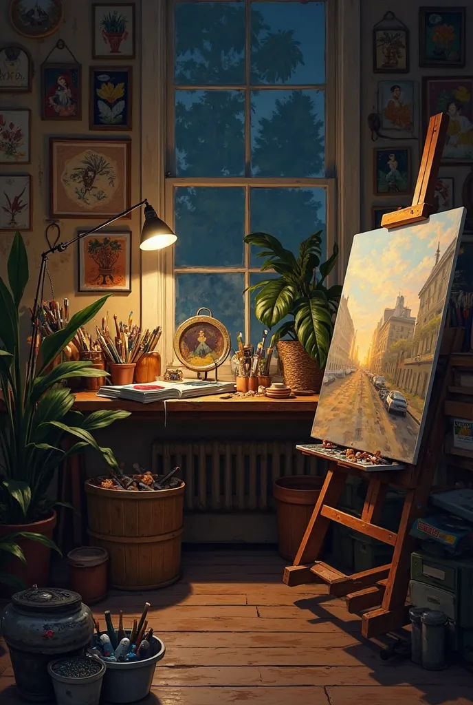 The studio at night, peaceful and alive – The warm glow of lamps illuminating the finished painting, brushes and paint tubes scattered around, showing a space of creation. With a realistic same painting image of them 