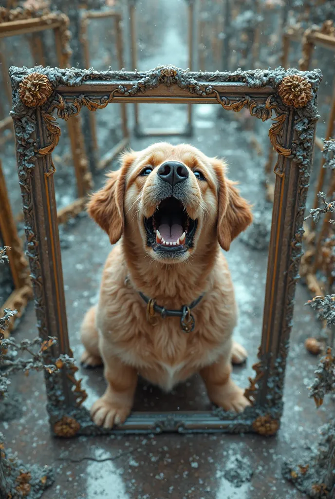 Brown-colored dog moles to and frosty coat barking At the mirrors that surround it and garnishing it, the dog is in the middle of mirror frames viewed from above 