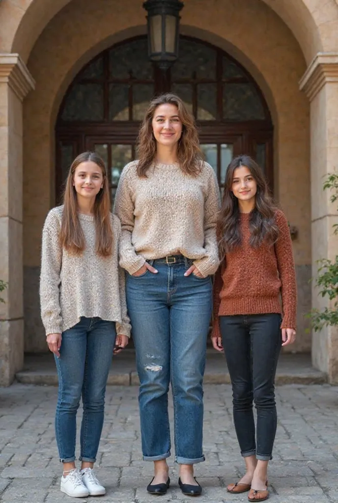 22-year-old Spanish university girl in front of the entrance to the computer science school with her classmates2 boys and 2 girls.  She is very big and her companions are small with her. she measures 1. 88 of height , Weighs 180 kg, sweater, blue long jean...