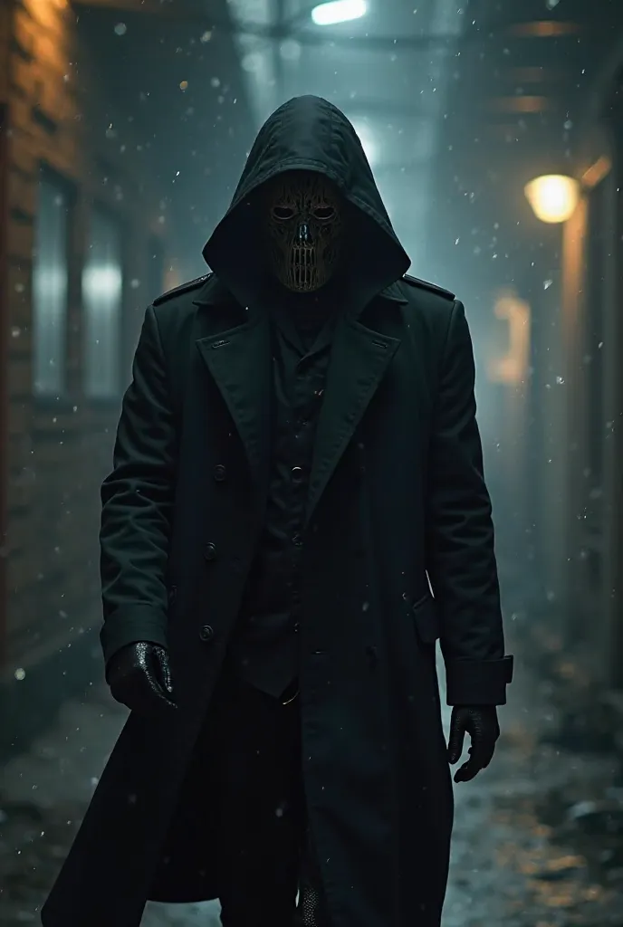 A secret detective agent wearing a black trench coat and wearing a mask from call of duty game ghost character mask covering his face