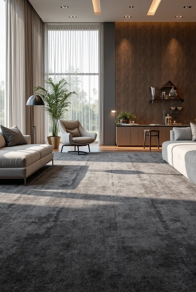 elegant graphite massive carpet in modern premium interior design. luxury. sunny day.