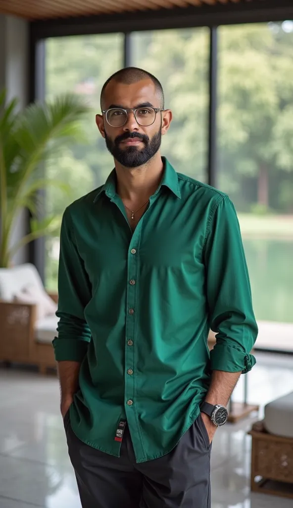 Medium shot of a handsome Middle Eastern Egyptian man, aged 25-30, with a very short buzz cut and a short-length dark black beard. He has a confident facial expression, with a slight smile and a focused gaze, exuding self-assurance (weight: 1.3). He is wea...