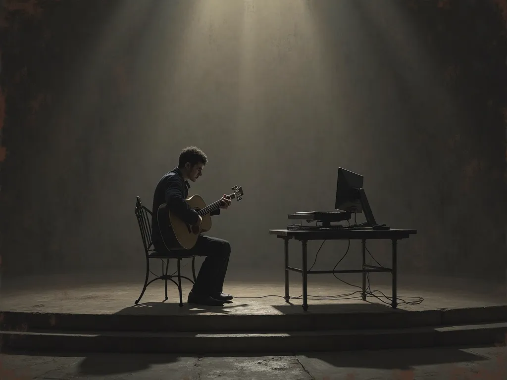 A musician playing on an empty stage,  sad face, The computer next door on a table