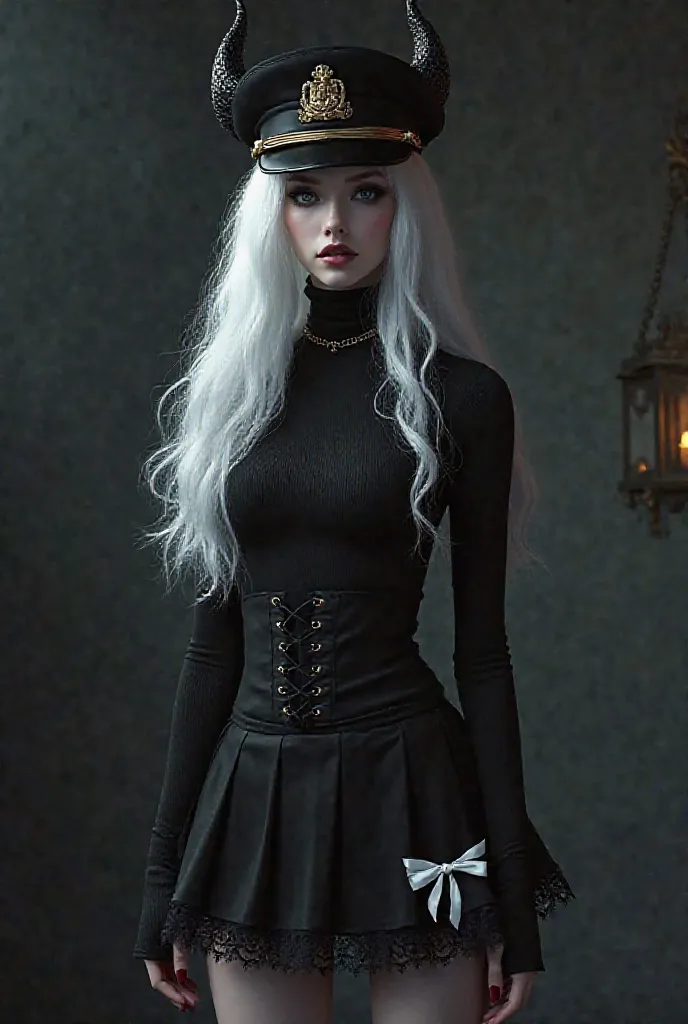 
Female character wearing black gothic captain's hat white leather black horns short black sweater short black skirt and a white ribbon on the edge of the skirt white hair 