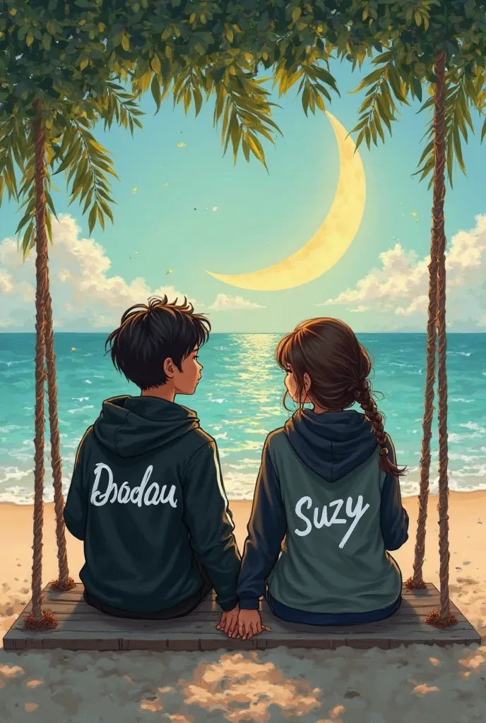 There is a 20-year-old couple sitting in front of a swing on the beach in Dubai,  with a beautiful view of the greenery ,  wearing a black and white hoodie , A black-skinned boy with the name (Doudou)  write on it , A fair-skinned girl with the name (suzy)...