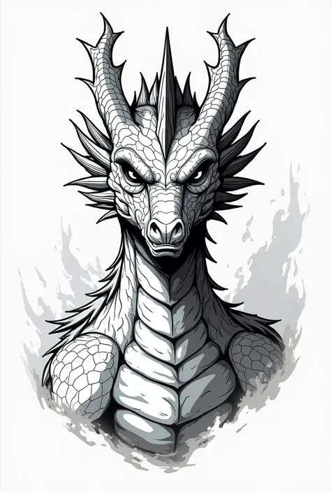 Create a dragon looking straight ahead to see its body, where it has an impressive look, that the background is white and that the dragon's line is black..


The dragon's face is striking and has a black line